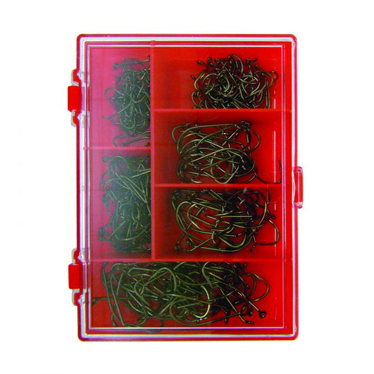Eagle Claw Hook Assortment, Size 1/2/4/6/8, Bait Holder, Bronze, 211 per pack