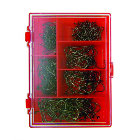 Eagle Claw Hook Assortment, Size 1/2/4/6/8, Bait Holder, Bronze, 211 per pack